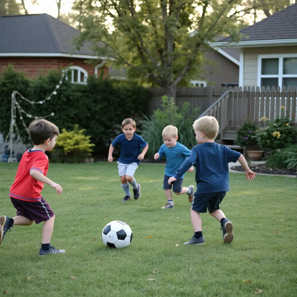 أطفال يلعبون كرة القدم في ساحة الحي