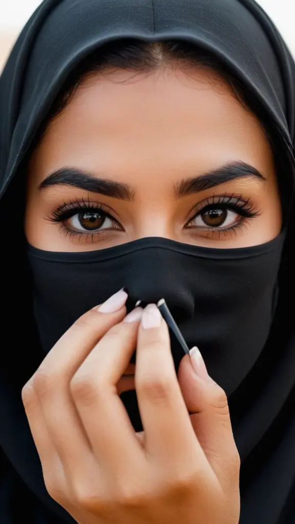 عيون عربية ترتدي نقاب كحيلة ذات رموش كثيفة الخلفية تكون وصحراوية تمسك بيدها ميل كحل خشب تضعه في عينها