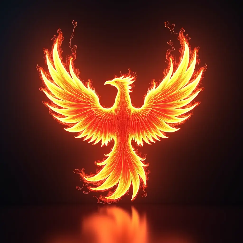 شعار طائر العنقاء يخرج من نيران رقمية، بمظهر مستقبلي وألوان نيون مضيئة، ثلاثي الأبعاد