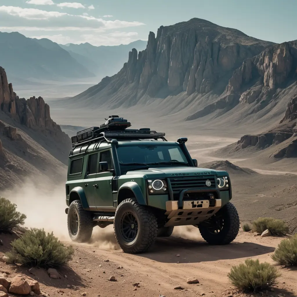 سيارة لاندروفر خضراء غامق من مستقبل الخيال العلمي بها اجهزة حديثة ومتطورة جدا في منطقة جبال صحراوية شاهقة ومرعبة ومخيفة جدا