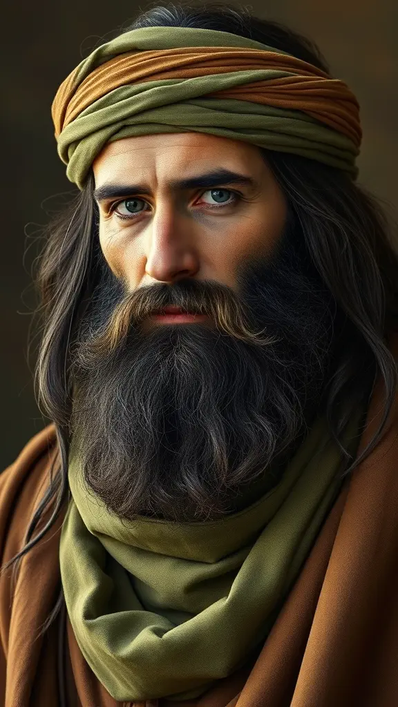 رجل أحسن وجه ذو هيبه وقار ذو شعر راس طويل وللحيه سوده جميله يرتدي ملابس الكتاب المقدس يرتدي جلباب جوزي وشاح راس رجالي مال كتاب المقدس ذو ملامح تشرح القلب من شده جمال لوحه بستايل لوان زيتيه وشاح راس خضر حول رقبته