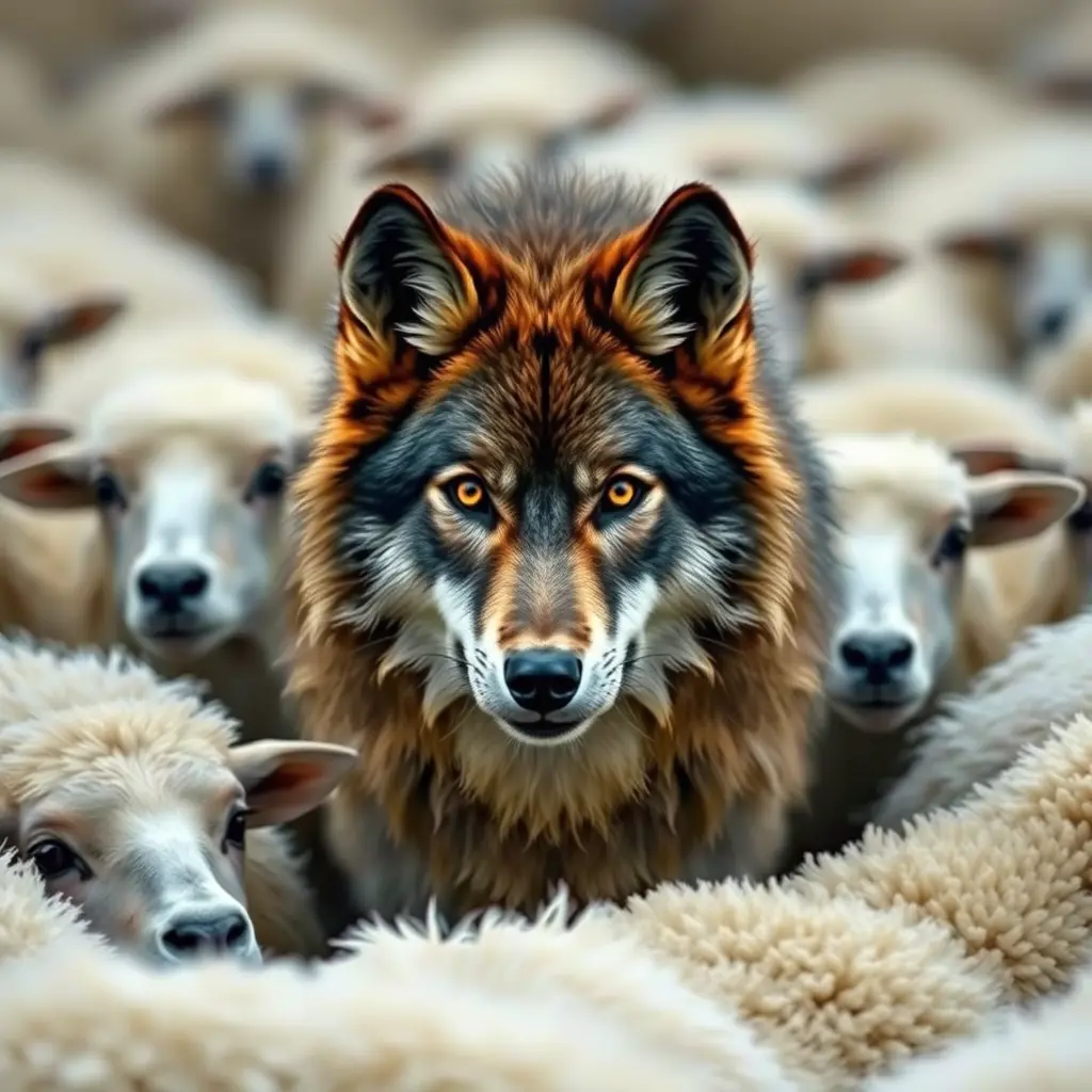 ذئب في وسط مجموعه خرفان