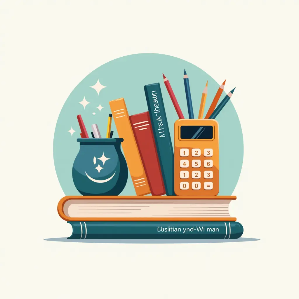 شعار  مكتبة باسم مكتبة الافنان مع كتب و قرطاسية و حاسبة بالخلف