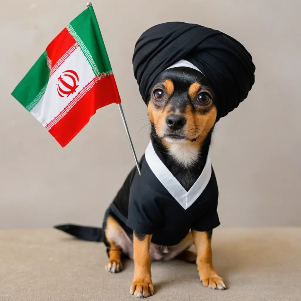 كلب مرتدي عمامه سوداء ولباس اسود وحامل على ذيله علم ايران وحامل هاتف جوال
