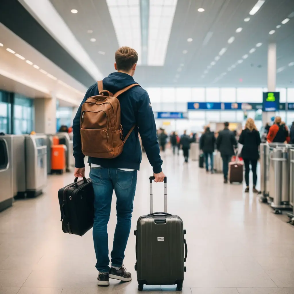 صورة لرجل داخل مطار النرويج ويحمل شنطة على ظهره وفي يده شنطة سفر صغيرة فاخرة