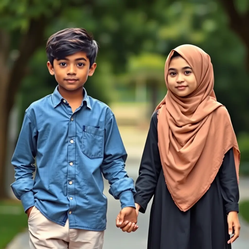 ولد طوله 187 وبنت 177 يمسكان ايدي بعض الولد لباس كلاسيكي والبنت حجاب شرعي مع تناسق الالوان الولد اسمر وشعر جميل