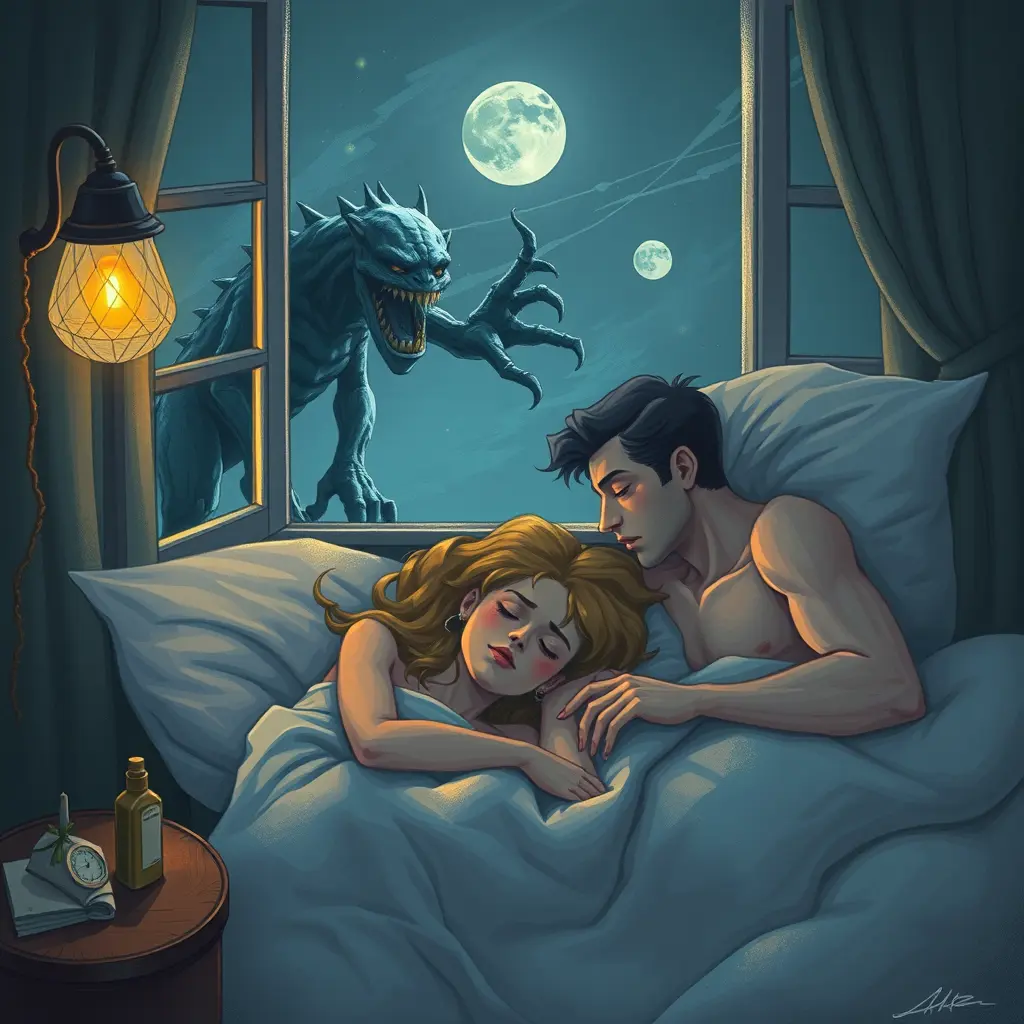 رجل وامراة نائمين مع بعض ووحش يراقبهم من النافذة