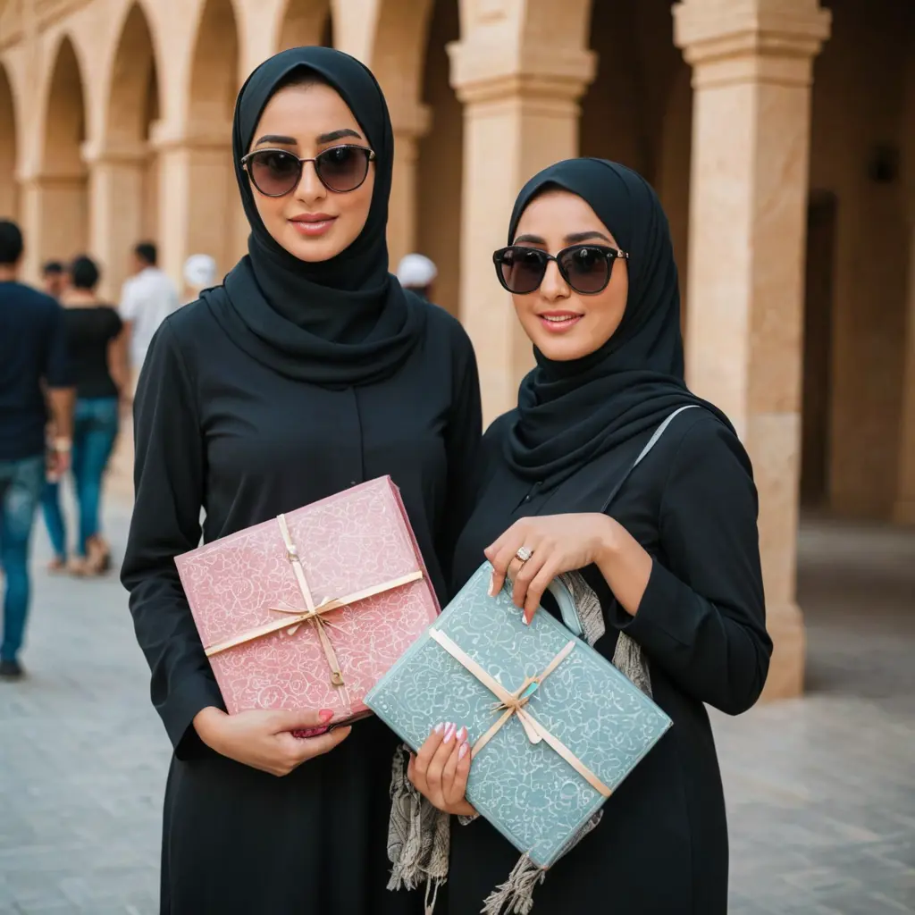 فتاة عربية واحدة محجبة حجاب شرعي ترتدي نظارة شمسيه و تمسك نظارة اخرى من نفس النوعية و مصدومة