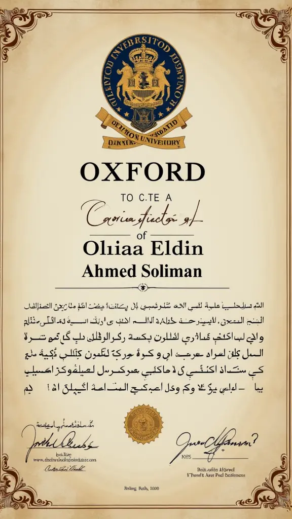 PHD certificate from oxford university with name DR/Alaa Eldin Ahmed Soliman and has golden stamp