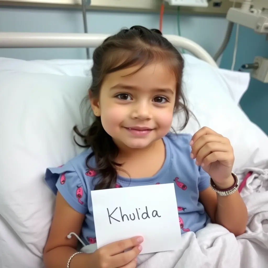بنت جميلة مريضة في المستشفى في يدها ورقة بها اسم khulida