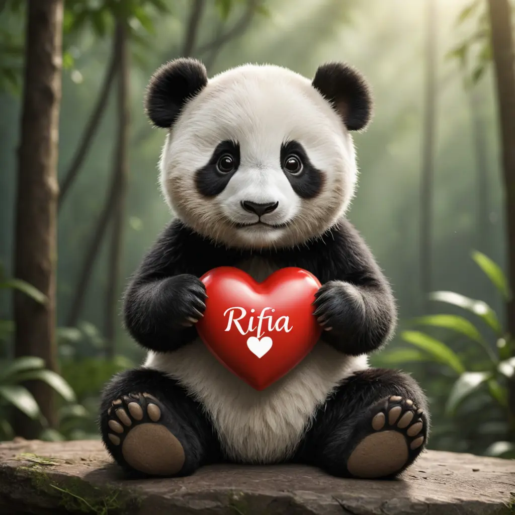 صورة واقعية لباندا كيوت يحمل قلب محفور عليه اسم rifia