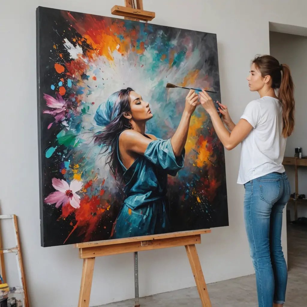 صورة لرسامة فتات ترسم لوحة كبيرة بطريقة الانطباع التاثيري بشغف وحب