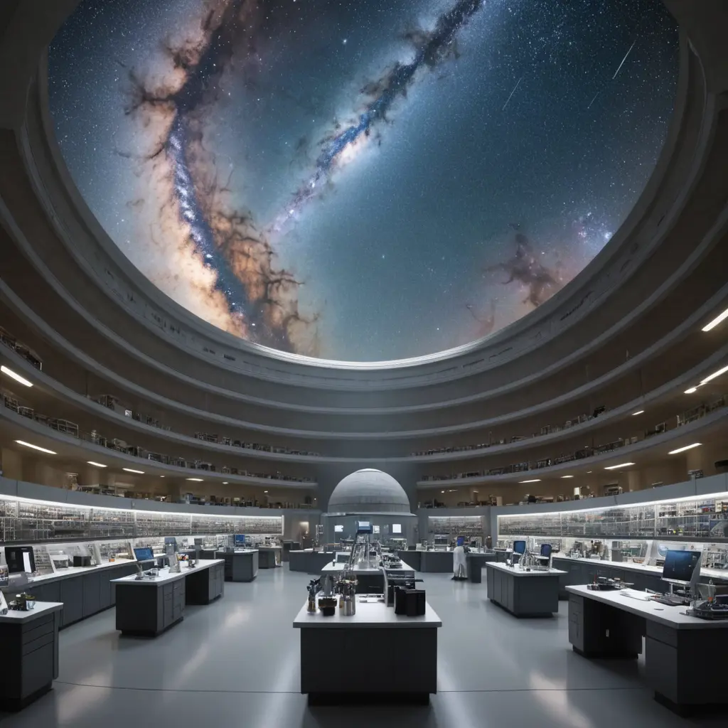 a photorealistic image of a large laboratory with a half dome showing; inside the half dome is a spiraling galaxy which scientists have created and are studying