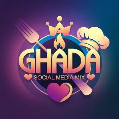 Generate a detailed futuristic style logo in 2d for a company named 'Ghada 👑🔥Social media mix 😍📸' in the restaurant field. The logo should prominently feature Fork and Ghada 💎 and Chef Bent .
