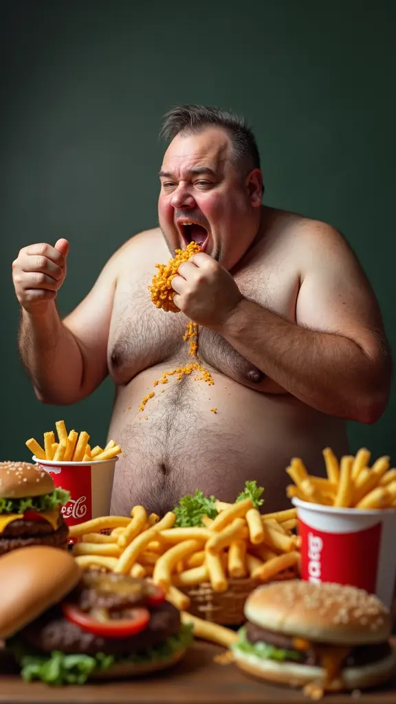 رجل سمين ياكل بنهم شديد وامامه كمية متنوعة من الطعام الجاهز فى مشهد مقزز يحذر من السمنة والاكل السريع ومكتوب على الصورة من فوقه "كل مرة تبدأ دايت تمل وتوقف بعد أيام "