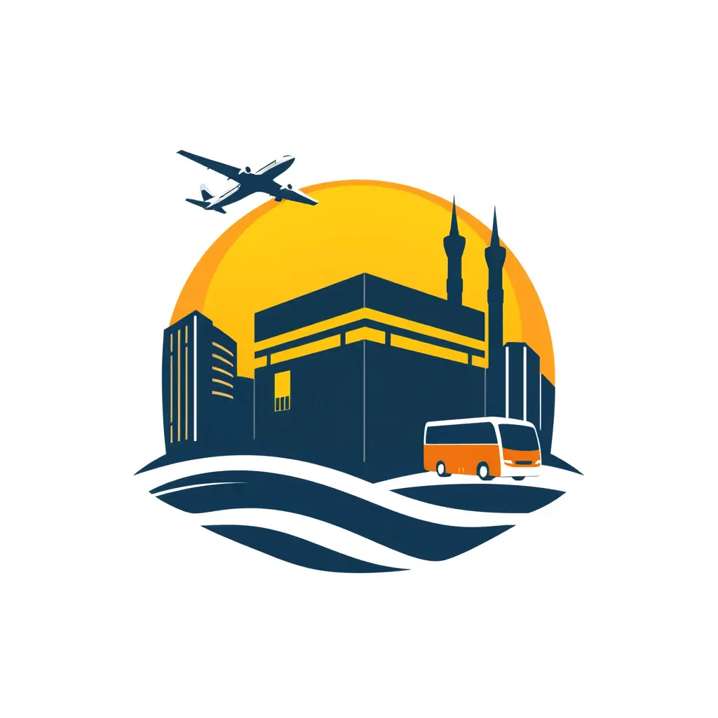 Generate a detailed logo in 2d for a company named 'Bin shamsan' in the travel field. The logo should prominently feature Plane and bus and Kaaba .