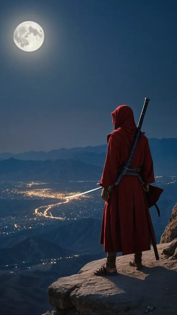 اريد صورة لفتي عربي يحمل سيف كاتانا وهو جالس علي جبل يشاهد آثر الدمار وأشلاء المحاربين التي تركتها المعركه تحت ضوء القمر الذي يميل الي الاحمرار