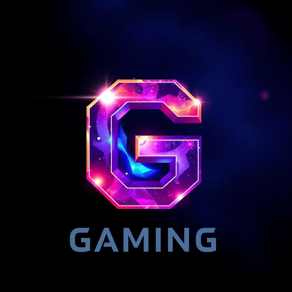 شعار جميل لشركة ألعاب، حرف G مع تأثيرات مجرة، بأسلوب فني حيوي يشبه ألعاب البكسل