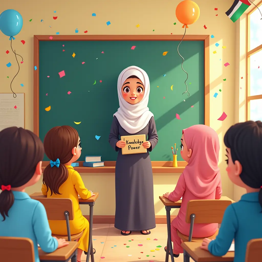 معلمة محجبة بطابع كرتوني تقف أمام سبورة، محاطة بفتيات صغيرات بفساتين ملونة. المشهد عبارة عن فصل دراسي مفعم بالحيوية، برسومات يدوية نابضة بالحياة على الجدران، وألوان باستيل ناعمة في كل مكان. يتميز المشهد بنبرة مرحة ومحترمة، حيث تحمل المعلمة لافتة صغيرة على سبورة مكتوب عليها "المعرفة قوة". الجو دافئ وجذاب، مليء بعناصر مرحة كالبالونات وعلم فلسطين والقصاصات الملونة المنتشرة برقة في كل مكان. صُممت بأسلوب رسوم متحركة ساحرة، بخطوط واضحة وشخصيات معبرة.