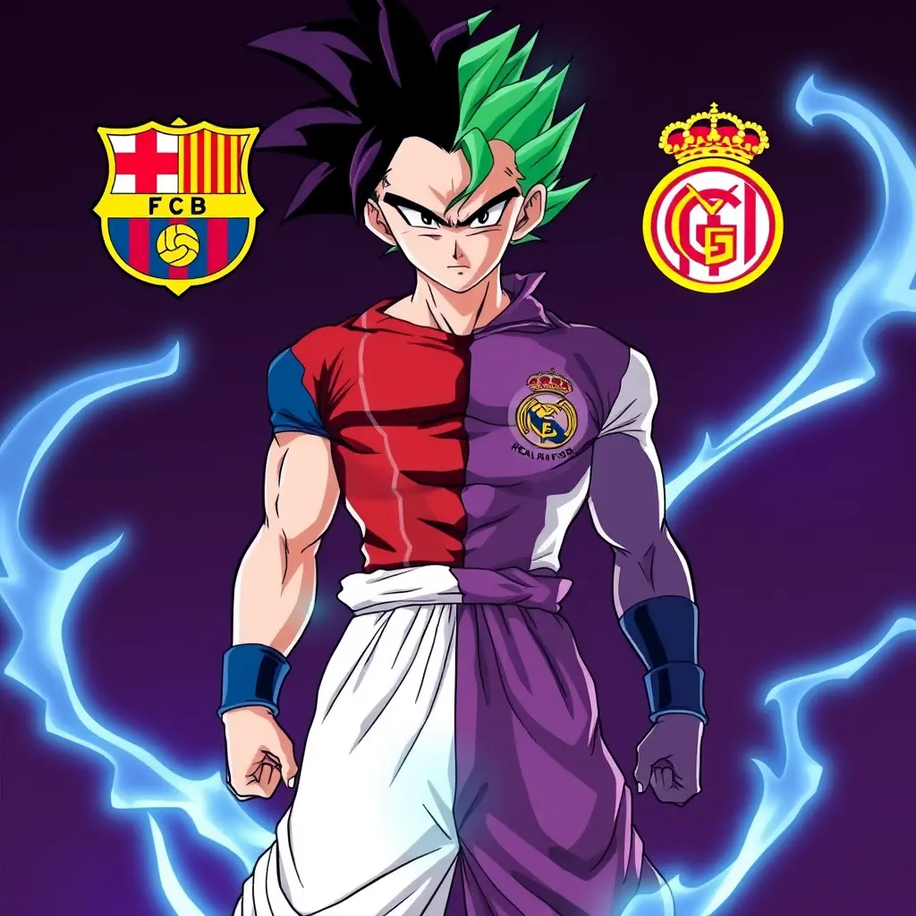 صورة بطل انمي دراغونبول جوجو لابس نصف ثياب برشلونة ونصف ثياب ريال مدريد  وهو في الغريزة الفائقة المكتملة 