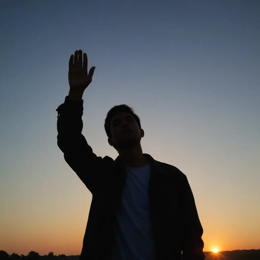 صورة ظل رجل في ظل الشمس في الشروق رافع رأسه الى السماء يتضرع يدعي الله