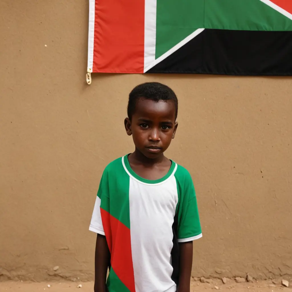 طفل صغير أسمر البشرة وراءه علم السودان 
