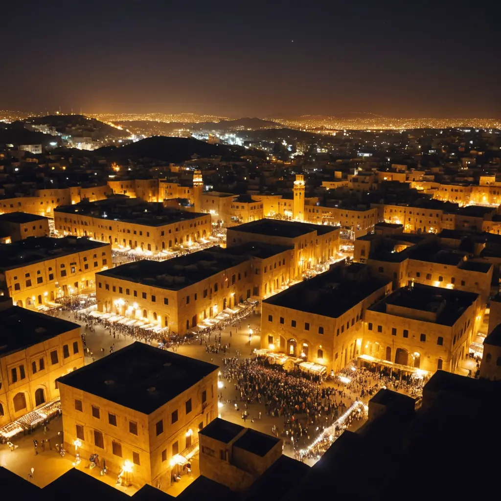 صوره لمدينه صنعاء القديمه التراثيه القديمه الفنيه المعمارية الحضاريه ليل ويوجد زينه وتجهيزات رمضان واضويه