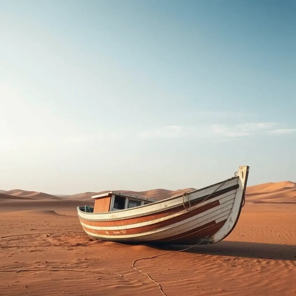 قارب مقلوب في صحراء
