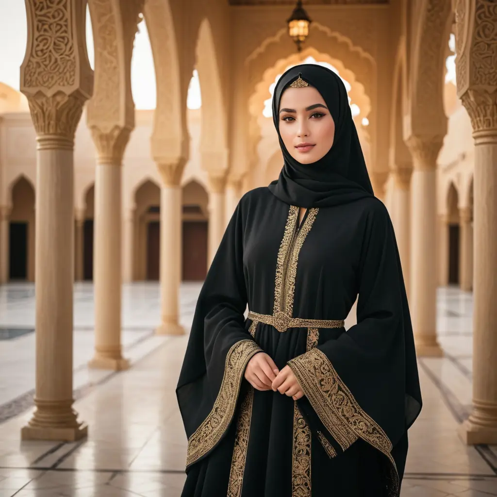 فتاة خليجية فاتنة، تبلغ من العمر 25 عامًا، مسلمة محجبة، تقف برشاقة في أجواء تقليدية. ترتدي عباءة سوداء أنيقة مزينة بتطريز ذهبي رقيق يتلألأ برقة في الضوء. ينساب القماش حولها بأناقة، ملتقطًا لمحات رقيقة من خيوط الذهب. الخلفية هي فناء مسجد هادئ عند غروب الشمس، بدرجات ذهبية دافئة تُضيء المشهد وتُبرز النقوش الدقيقة على ملابسها. التقط هذه اللحظة بأسلوب الرسم الرقمي، مع التركيز على الخطوط الرشيقة والألوان الغنية لإبراز جمال وأناقة العباءة.