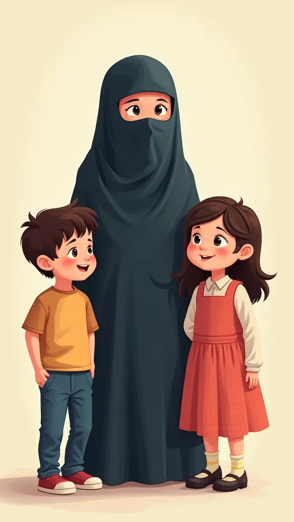 أم منتقبة وولد ٣ سنوات وولد ثلاث سنوات وبنت ١٠ سنوات صورة كارتونية