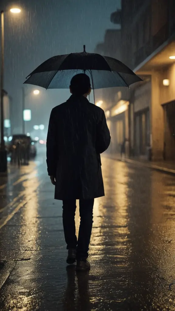 شخص وحيد في مطر وهو بدون مظلة صورةملتقطة على ضهر فخمة في الليل وحزينة