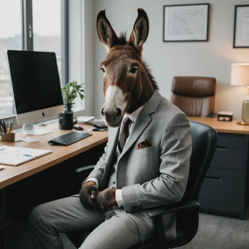 حمار يجلس في مكتب و يلبس لباس أنيق