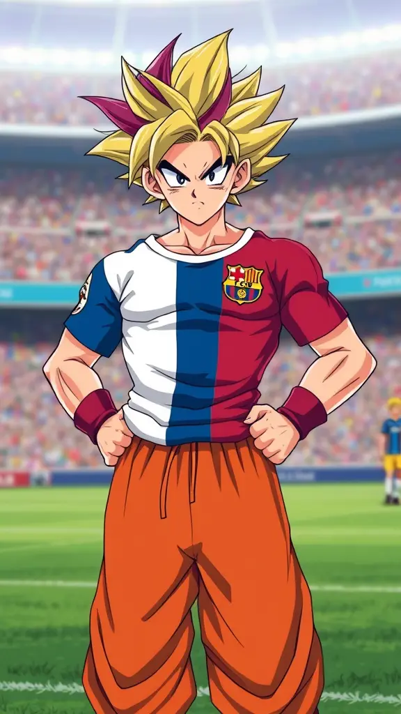 صورة بطل انمي دراغونبول جوجو لابس نصف ثياب برشلونة ونصف ثياب ريال مدريد وهو في الغريالفائقة ولا باس اي شيء لابس ملابس الخاصه
