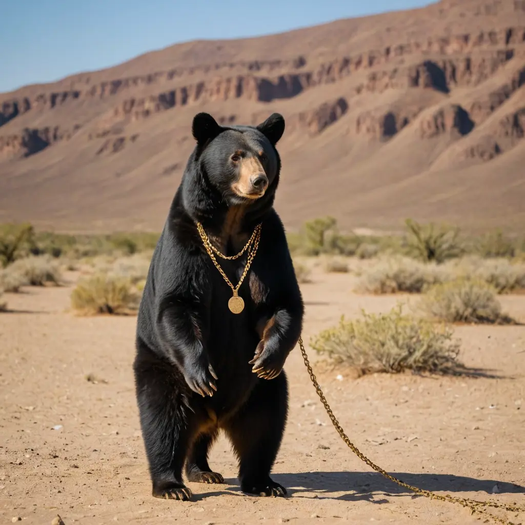 دب في الصحراء لونه اسود ولابس جنزير لونه ذهبي