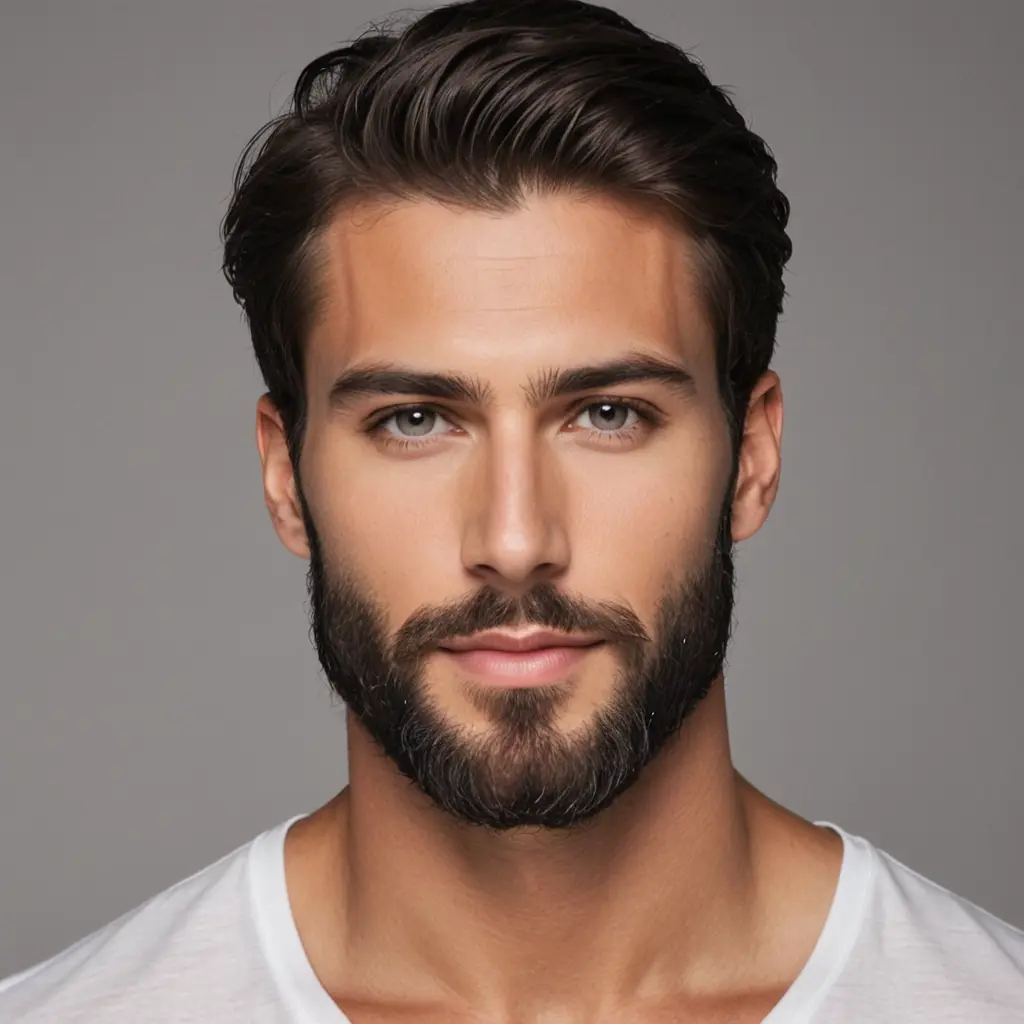 رجل وسيم وجميل جداً يتميز بملامح جذابة تثير الإعجاب. وجهه يضفي عليه الجاذبية، عظام الوجنتين بارزة والعيون مشعة وبراقة. له لحية كثيفة وطويلة، تعزز من وسامته وتعطيه مظهراً قوياً وجذاباً. بشرته ناعمة وصافية، وشعره منسق بعناية، مما يبرز جماله بشكل مثير. انطباعه العام يشع بالأناقة والثقة.