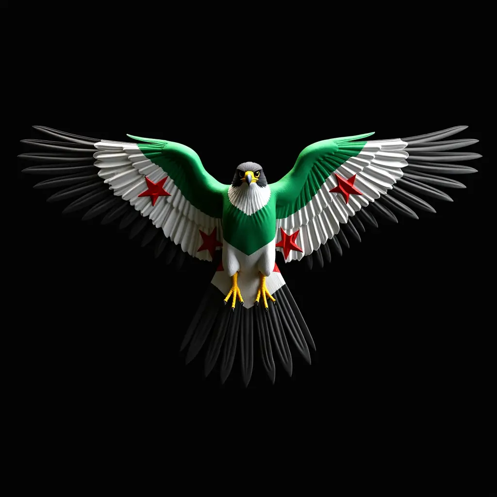 اصنع لي صورة طائر الشاهين المفترس مع علم الثورة السورية يبدو كشعار العلم اخضر ابيض اسود مع نجمات الثلاثة باللون الاحمر بدقه عالية مدموج مع طائر الشاهين مفرود الاجنحه مع خلفيه سوداء بتقنية 3D