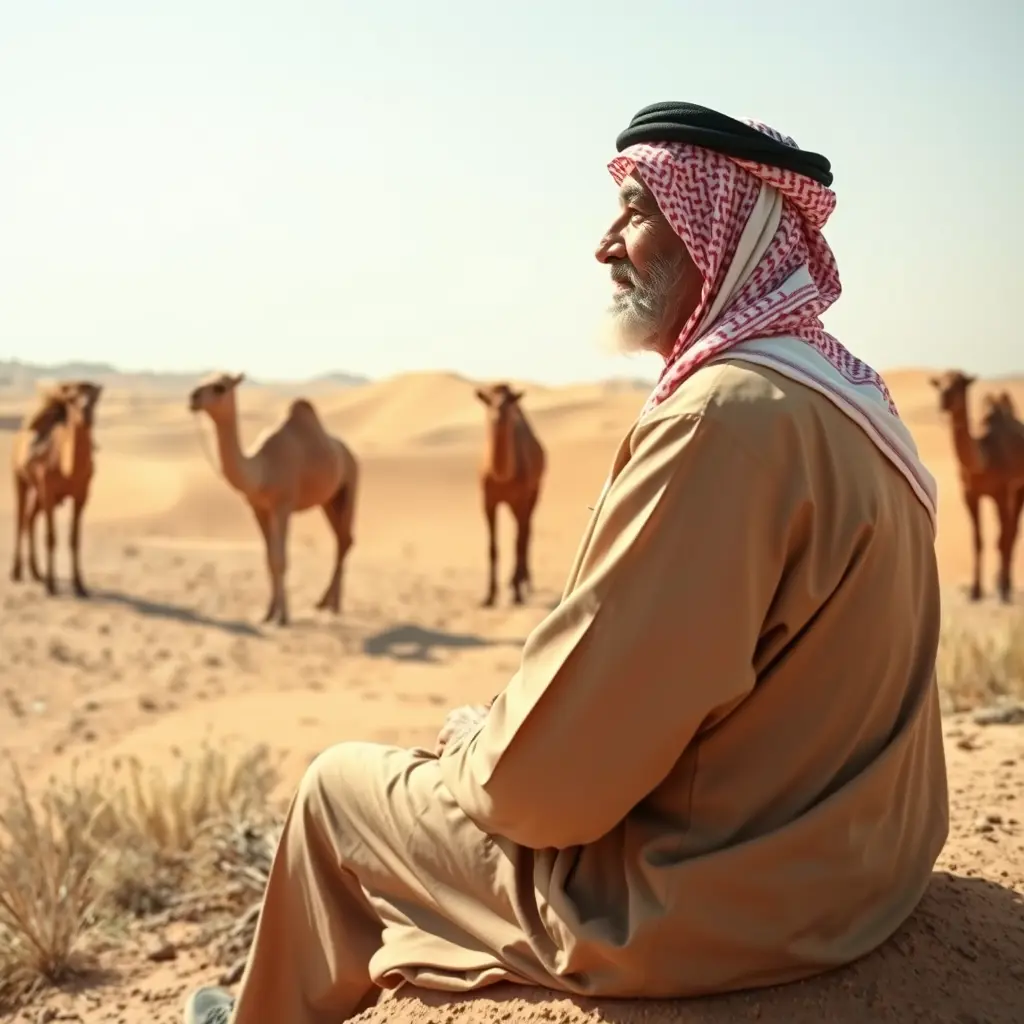 رجل مسن يرتدي الزي البدوي السعودي يجلس على تل ويشاهد الابل والخيول في بيئة صحراوية