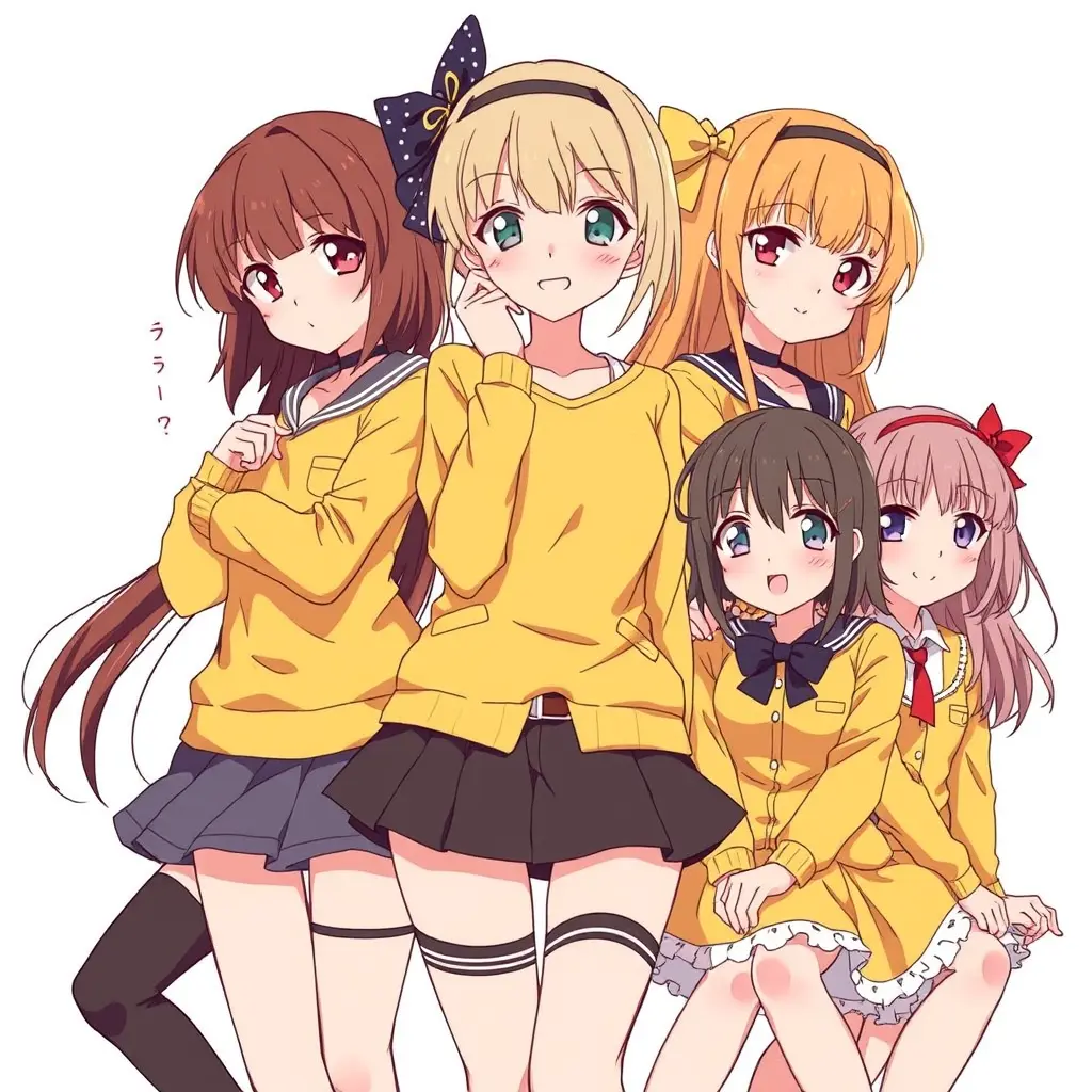 خمس بنات انمي لبسين اصفر