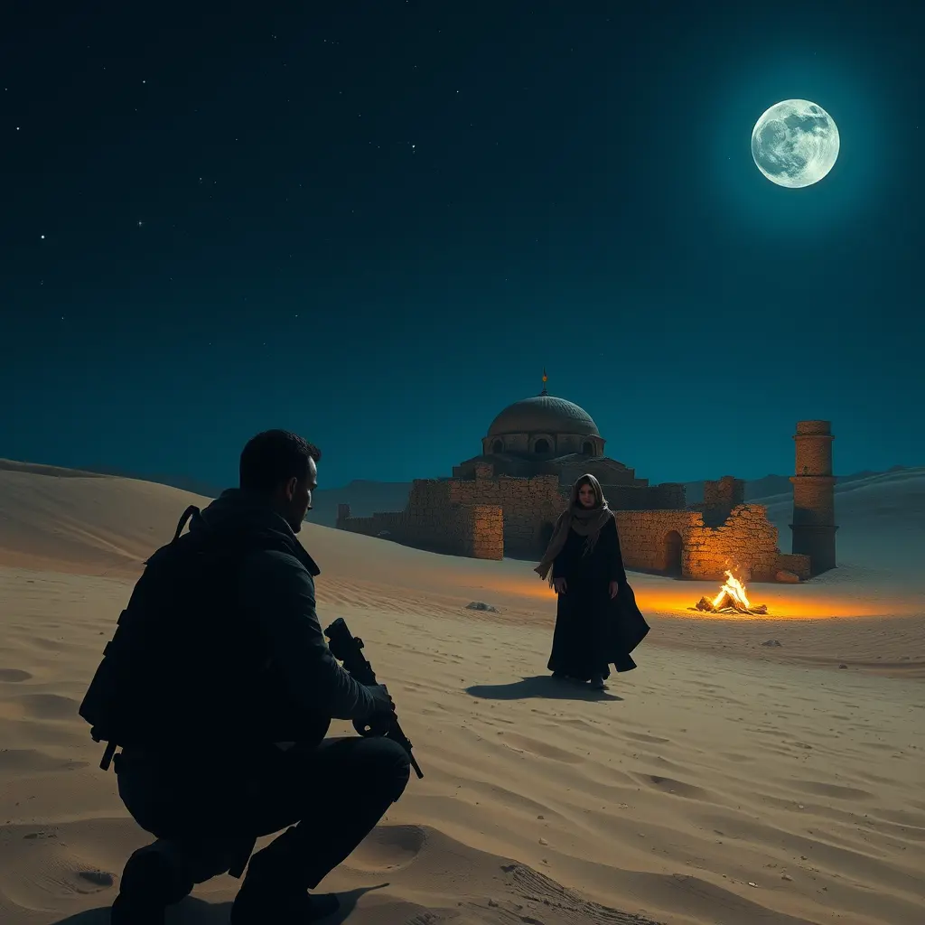 A nighttime desert scene with - Gulf Picasso | بيكاسو الخليج