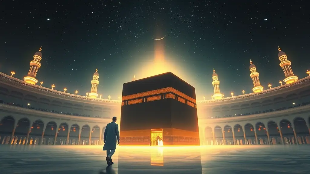 تفسير حلم يُرى فيه شخصٌ يمشي عكسيًا حول الكعبة في مكة المكرمة، والبناء المقدس يغمره ضوءٌ أثيري تحت سماءٍ مرصعةٍ بالنجوم. رُسم المشهد بأسلوب الرسم الرقمي، مُجسّدًا التفاصيل الدقيقة للمسجد والرحلة الرمزية، مُبرزًا الأجواء السريالية والغامضة من خلال ألوان ناعمة متوهجة وعناصر معمارية مُعقدة.