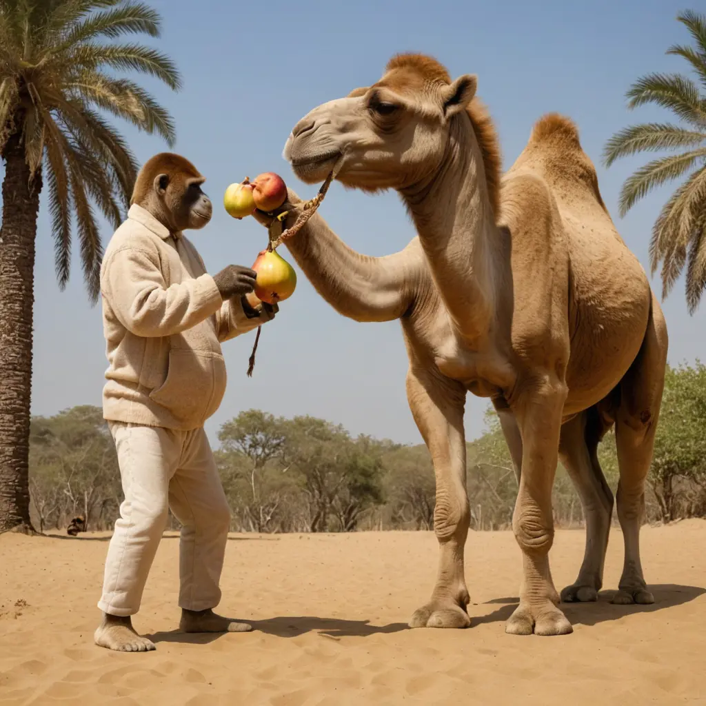 جمل مع قرد مع حبة تين على شكل انسان مع قوريلا بيضاء ذات صدر كبير