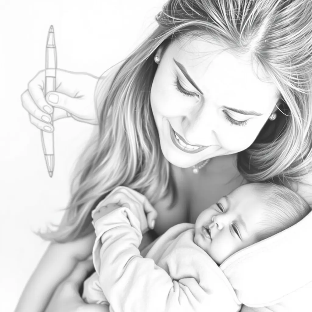 صورة ام مع بيبي رضيع و خلفية الصورة رسم بالقلم الرصاص