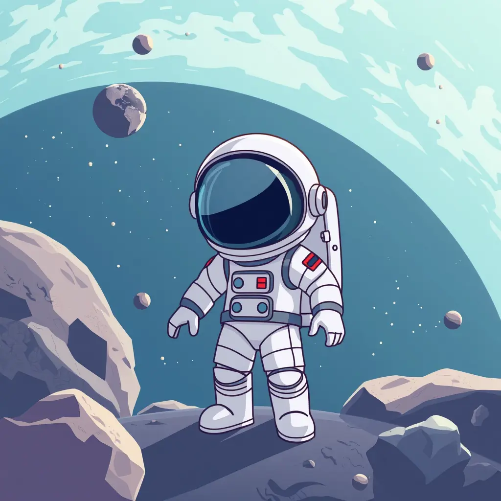 راءد فضاء كرتوني واقف في الفضاء