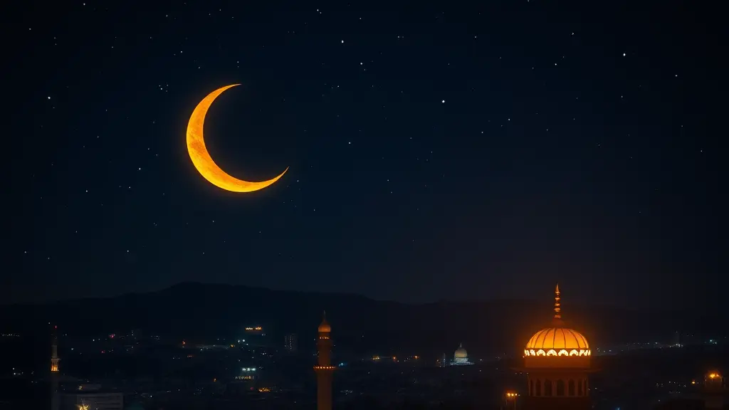 هلال ذهبي مضي جداً في ليله رمضان في مدينه و حوله نجوم لامعه في ليلة