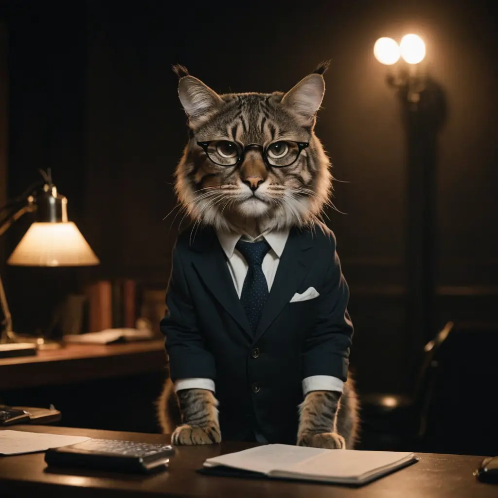 قط كبير يرتدي نظارة يقف أمام مكتب في مكان مظلم