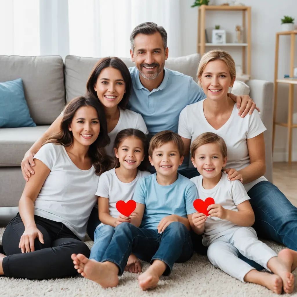 family انشئ صورة: عائلة سعيدة تجلس معاً، يوضح "I love my family."