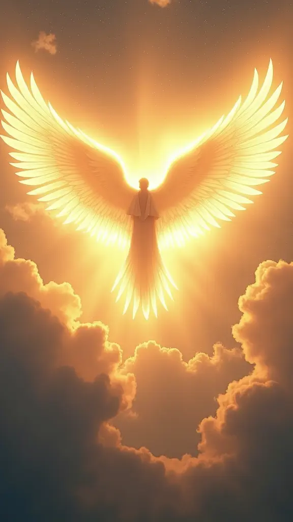 كائن نوراني عظيم الحجم، أجنحته تمتد عبر الأفق، كل جناح يشع نورًا أبيض ذهبيًا، الغيوم تتحرك بفعل قوة ظهوره، خلفية سماوية مليئة بالنور والطاقة الروحانية، من دون ملامح بشرية واضحة.