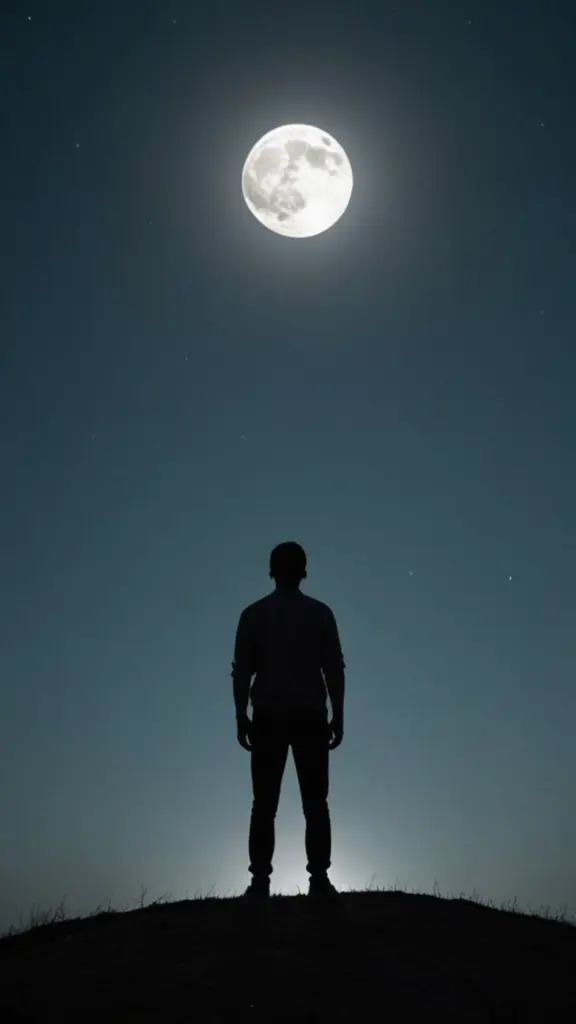 صورة شخص ينظر إلي القمر و ظهره ينزف مع وجود 21 شخص ينظرون إليه من بعيد مع وجود 21 خنجر في ظهره