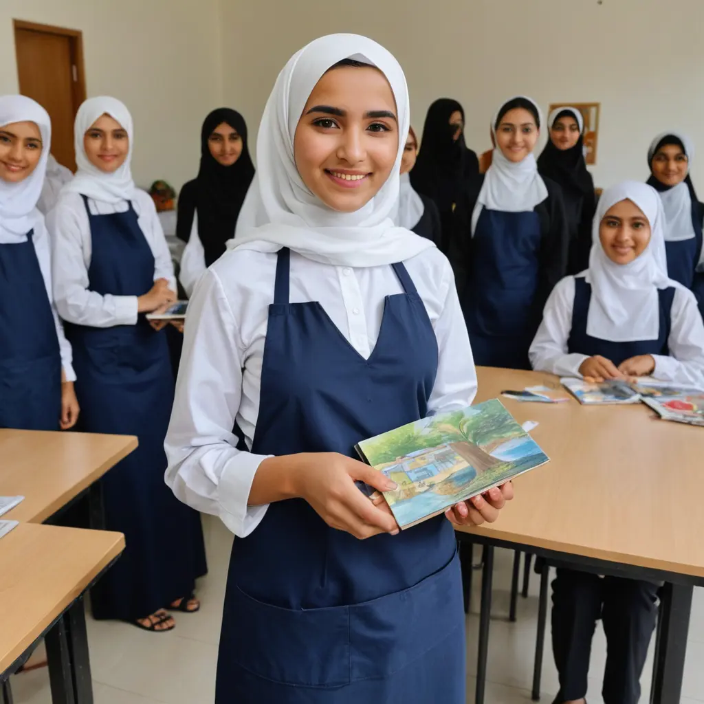 ارسم لي طالبة مدرسه عمانيه في الصف ١١ نرتديه مريول مدرسي كحلي مع قميص ابيض باكمام طويله ساتره و حجاب ساتر و لديها بشره بيضاء و ممسكه بلوحة في يديها وورائها عده طالبات بنفس مواصفات ملابسها