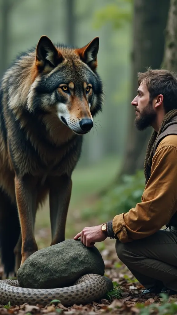 الذئب يتحدث بحزم، والرجل يضع الحجر من جديد على الأفعى، بينما تظهر ملامح الندم على وجهه.